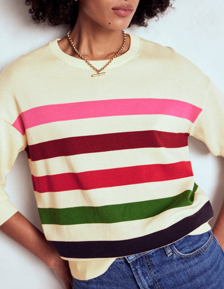 Lara Lockerer Baumwollpullover-Naturweiß, Bunt Streifen