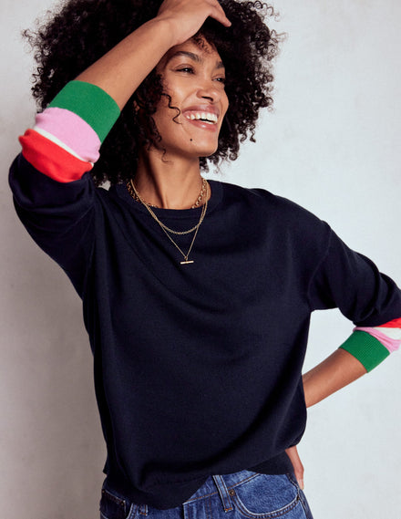 Lara Lockerer Baumwollpullover-Marineblau Gestreifte Manschetten