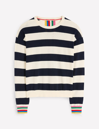 Lara Lockerer Baumwollpullover-Marineblau, Naturweiß Gestreift-4