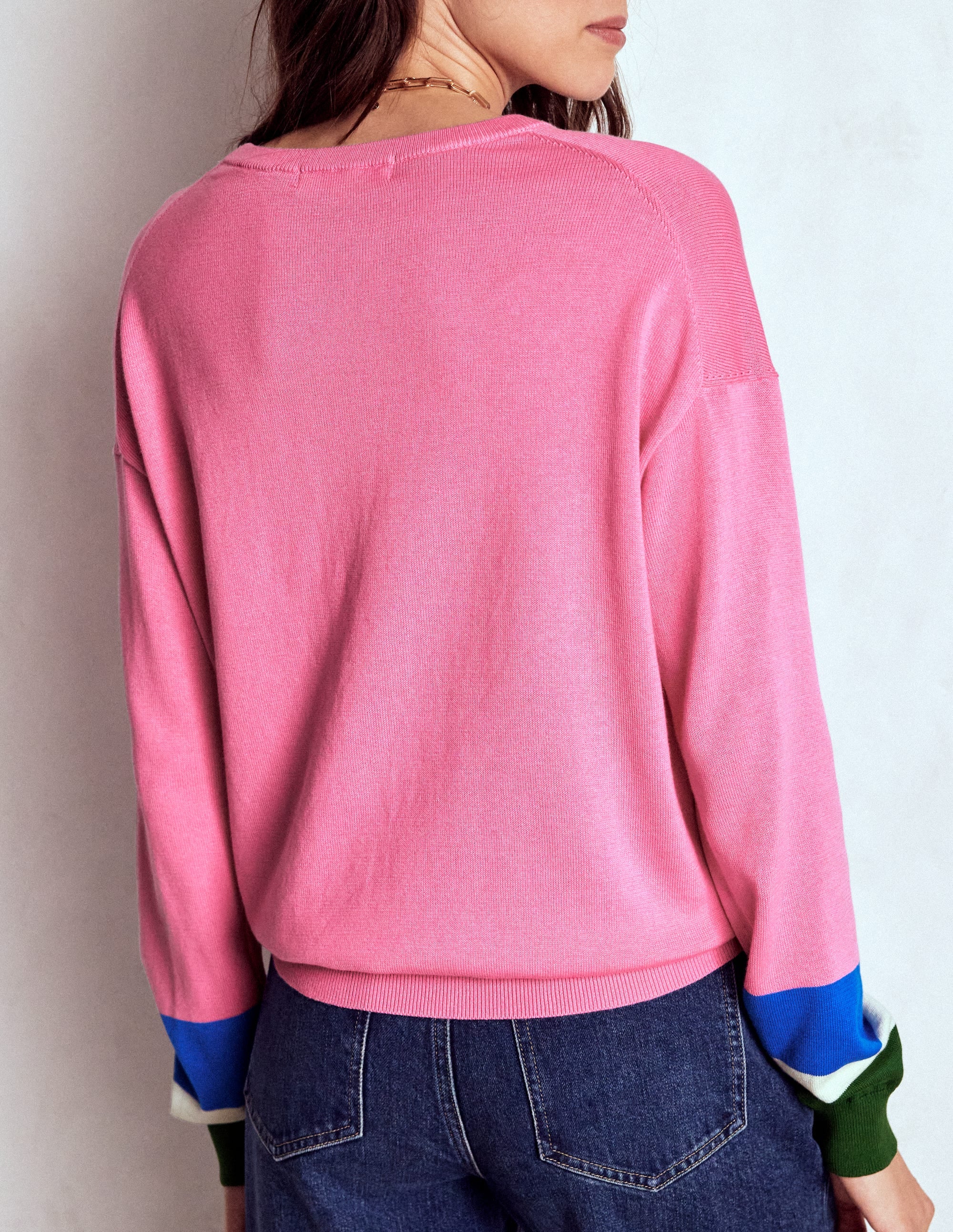 Lara Lockerer Baumwollpullover-Rosa Limonade, Gestreifte Manschetten - Image 3