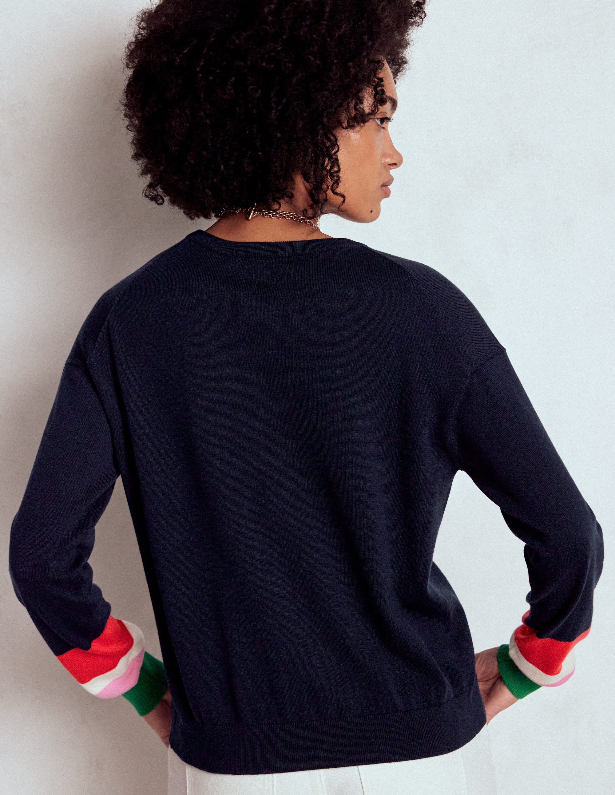 Cardigan décontracté Lara en coton-Bleu marine, poignets rayés - Image 3