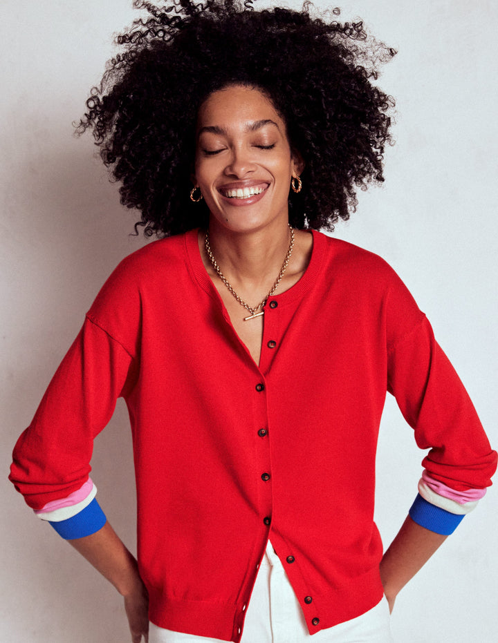 Cardigan décontracté Lara en coton-Rouge coquelicot, poignets rayés