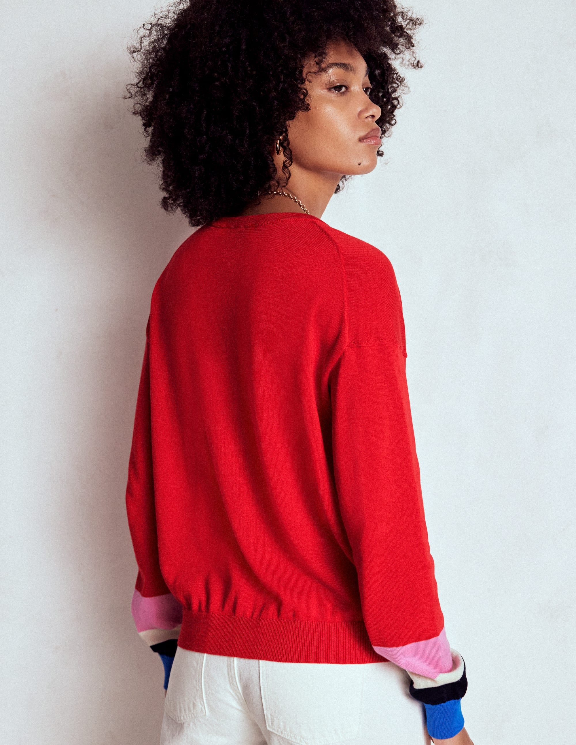Lara Lockere Baumwoll-Strickjacke-Mohnblumenrot, Gestreifte Manschetten - Image 3