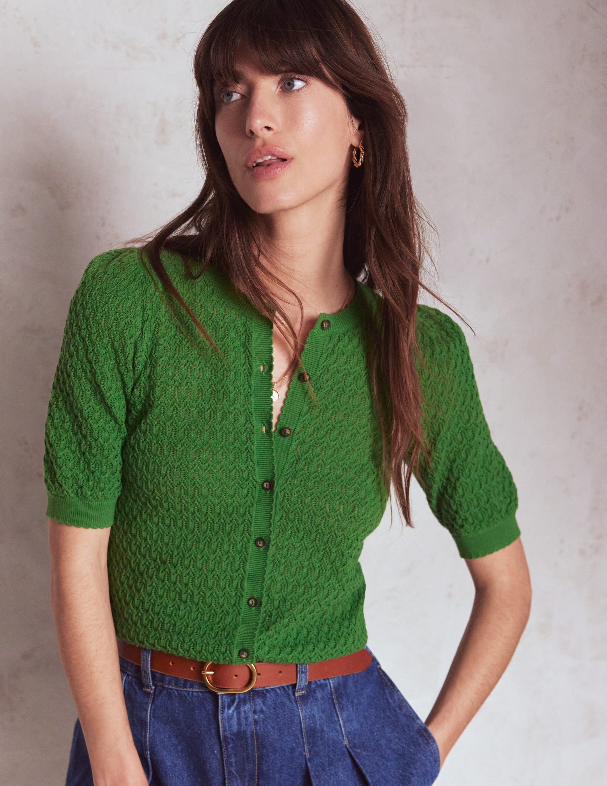 Gepunktete Pointelle-Strickjacke-Leguangrün-1