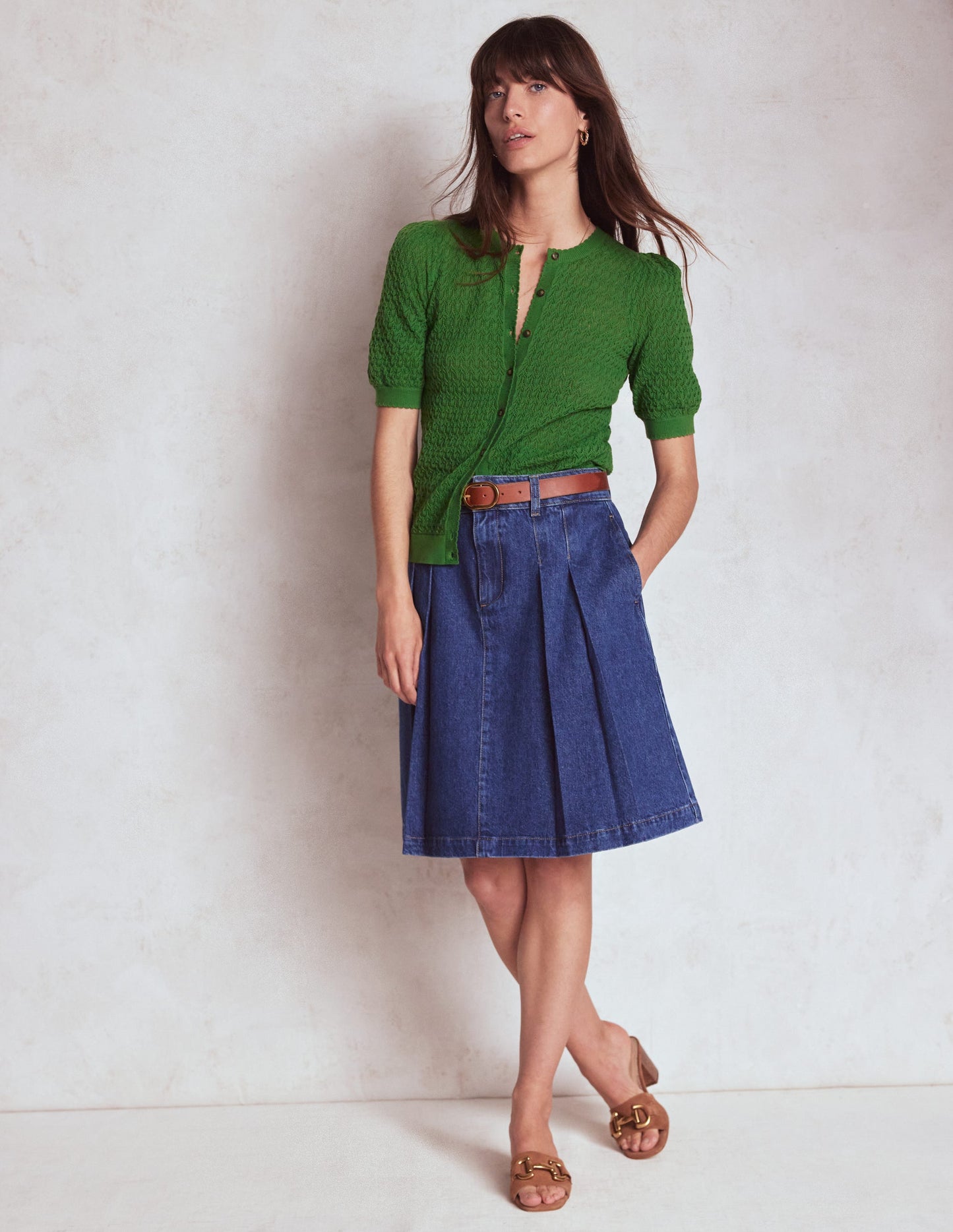 Gepunktete Pointelle-Strickjacke-Leguangrün