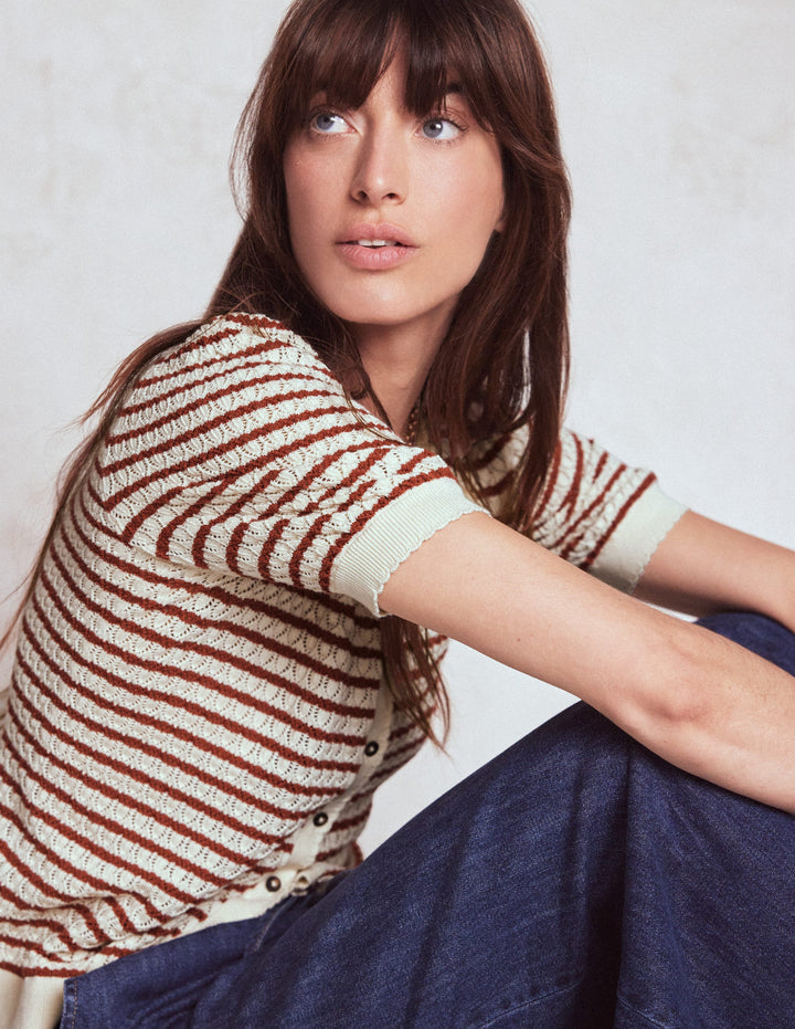 Gepunktete Pointelle-Strickjacke-Warmes Naturweiß/Rot