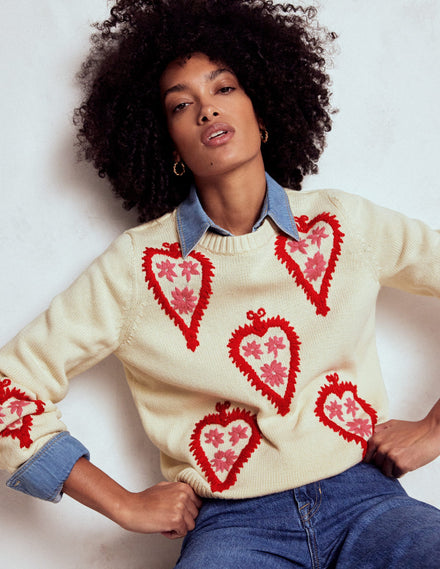 Pullover mit Grafikstickerei-Warmes Naturweiß, Herzen