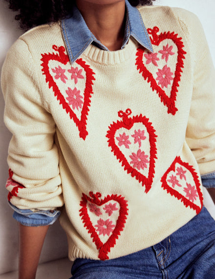Pullover mit Grafikstickerei-Warmes Naturweiß, Herzen