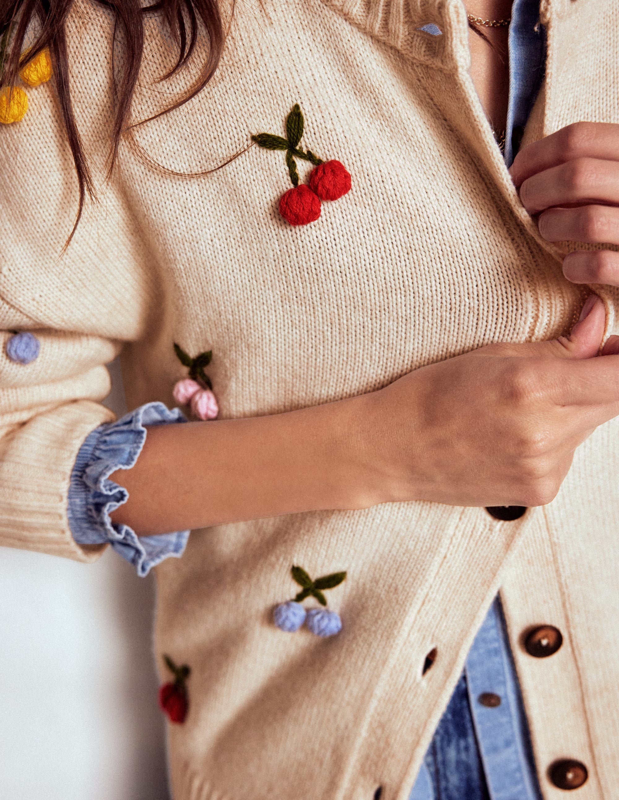 Gilet Natalie brodé-Avoine chiné, cerise - Image 2