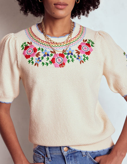Puff Sleeve Embroidery T-shirt-Warm Ivory