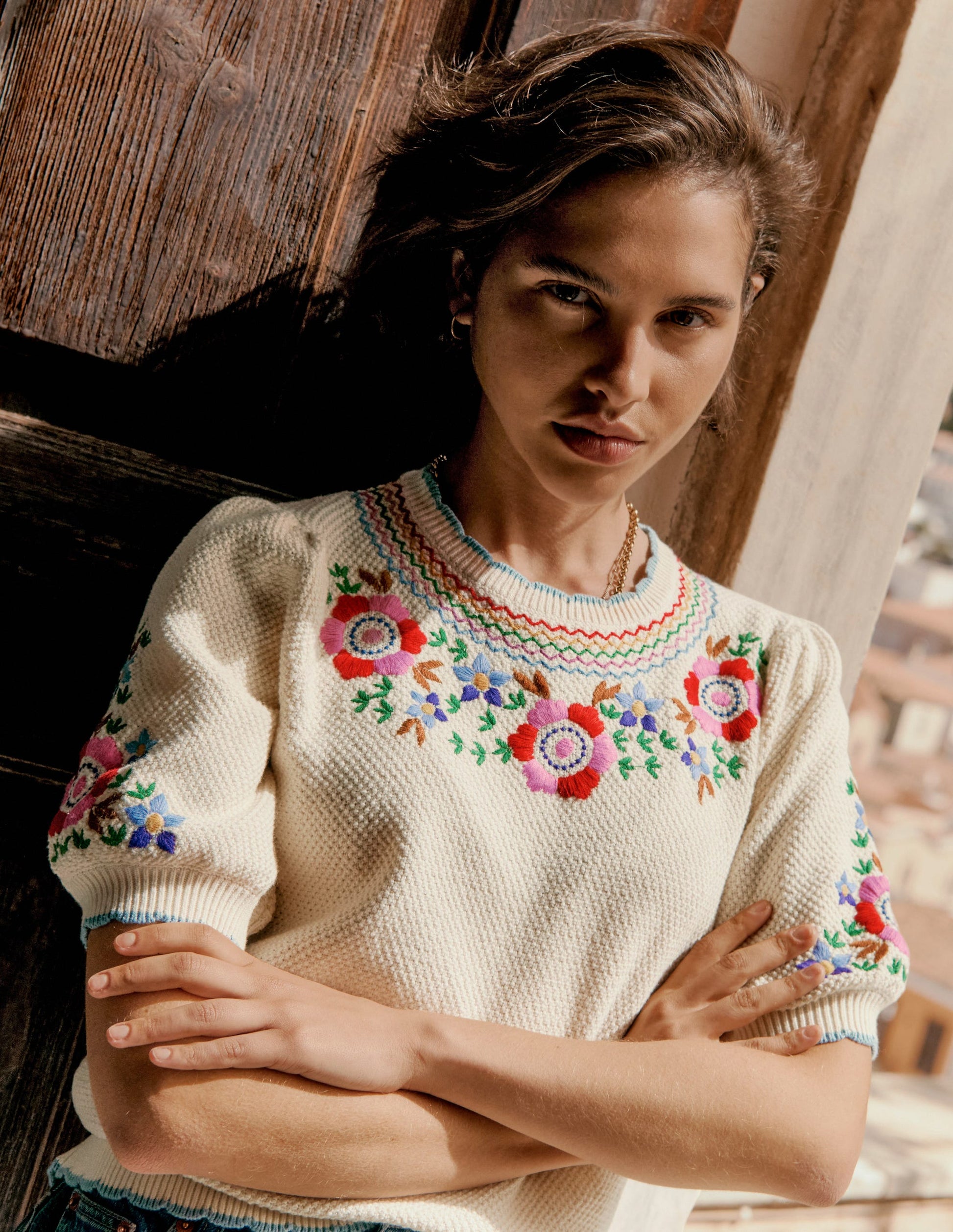Puff Sleeve Embroidery T-shirt-Warm Ivory-6