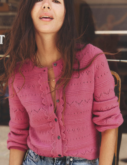 Leticia Lace Trim Cardigan-Rose Pink
