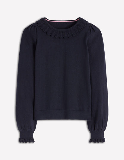 Pull en coton à volants Melina-Bleu marine-5