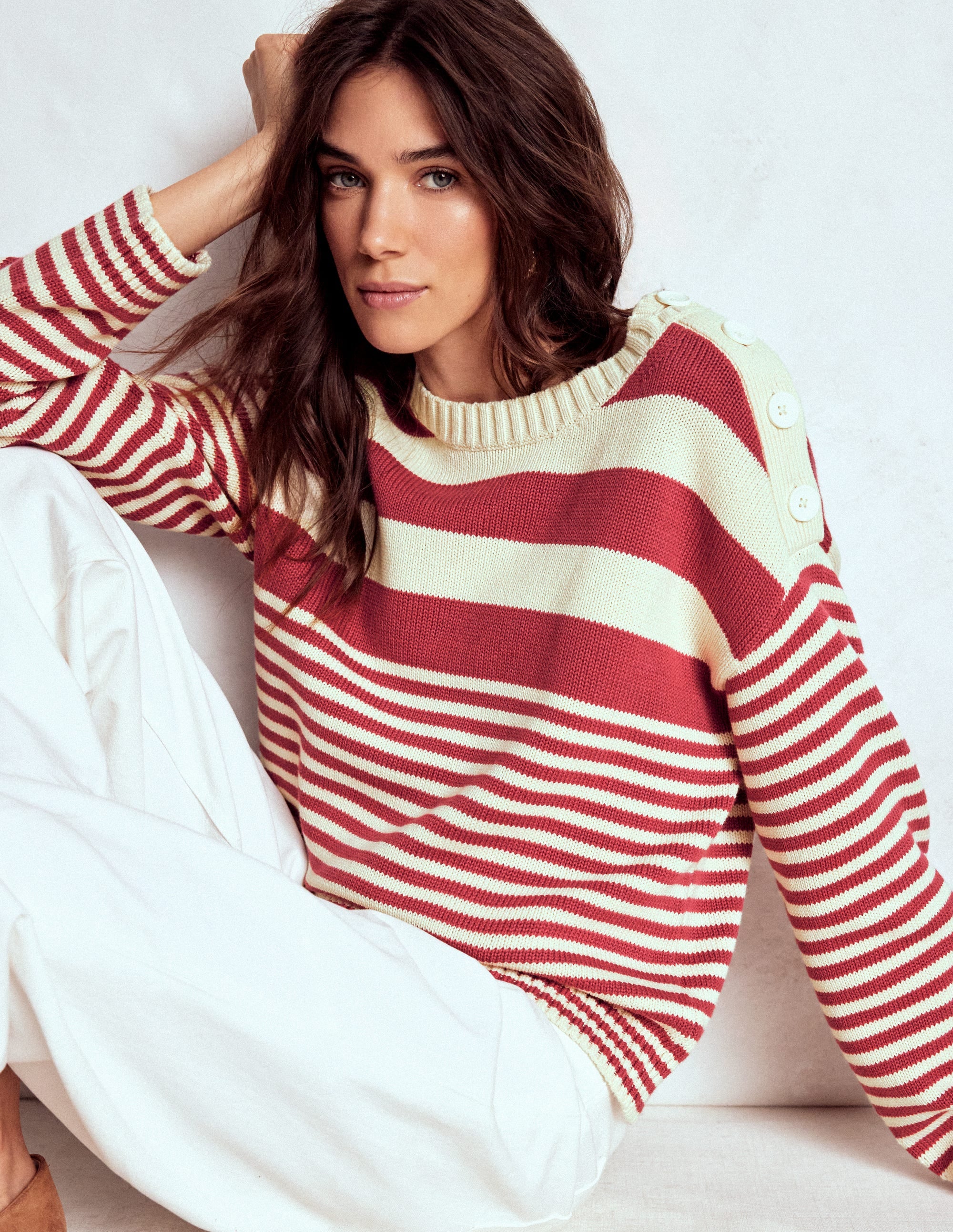 Jemma Breiter Baumwollpullover-Warmes Naturweiß/Terrakotta - Image 1