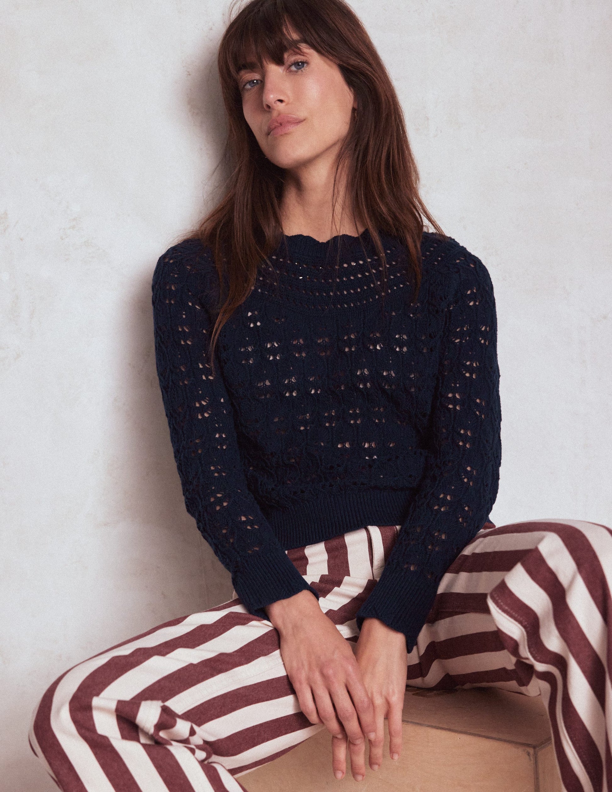 Pullover mit Häkel-Muster-Mix-Marineblau-1