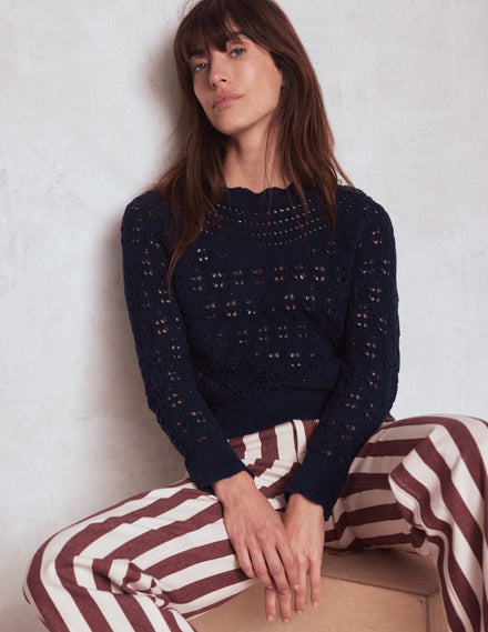 Pullover mit Häkel-Muster-Mix-Marineblau