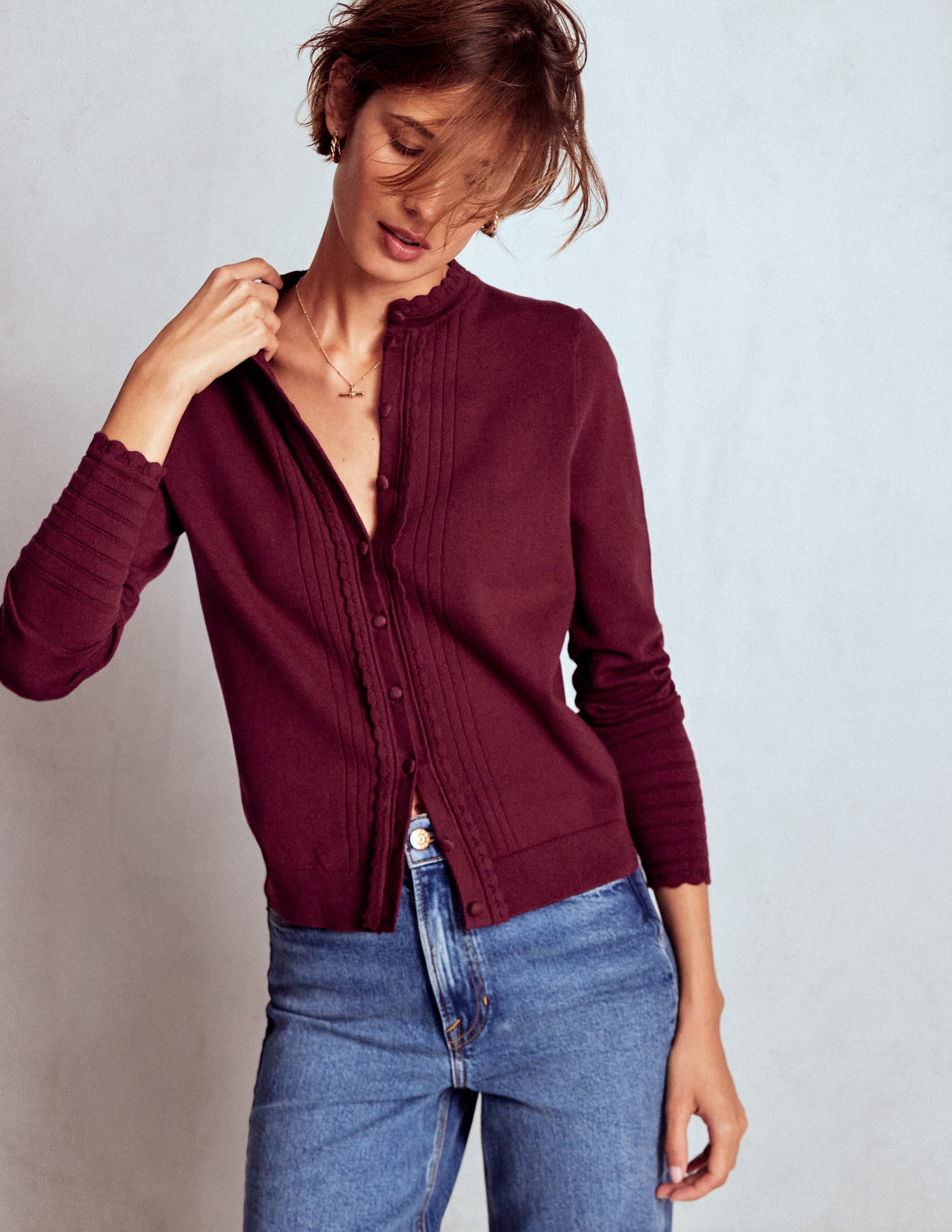 Angela Baumwollstrickjacke mit Muschelsaum-Dunkelviolett - Image 1