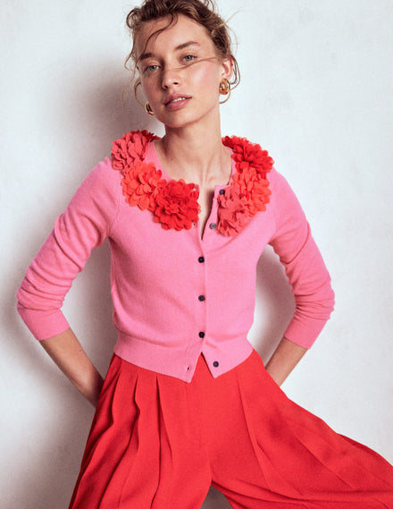 Verkürzte Strickjacke mit Rundhalsausschnitt-Rosa Schleife