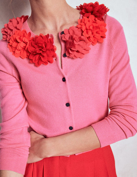 Verkürzte Strickjacke mit Rundhalsausschnitt-Rosa Schleife