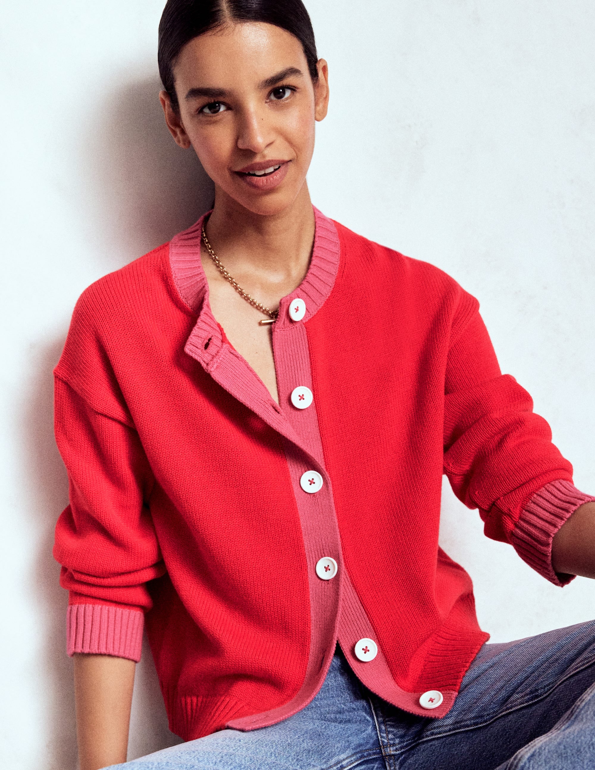 Jemma Breite Baumwollstrickjacke-Mohnblumenrot - Image 4