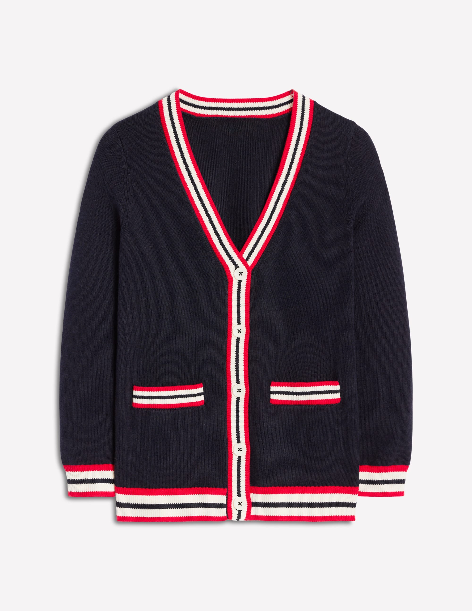 Lange Baumwollstrickjacke mit V-Ausschnitt-Marineblau - Image 5