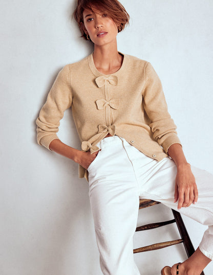 Strickjacke mit Schleife-Graubraun Meliert-1