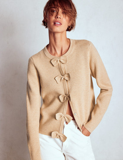 Strickjacke mit Schleife-Graubraun Meliert-4