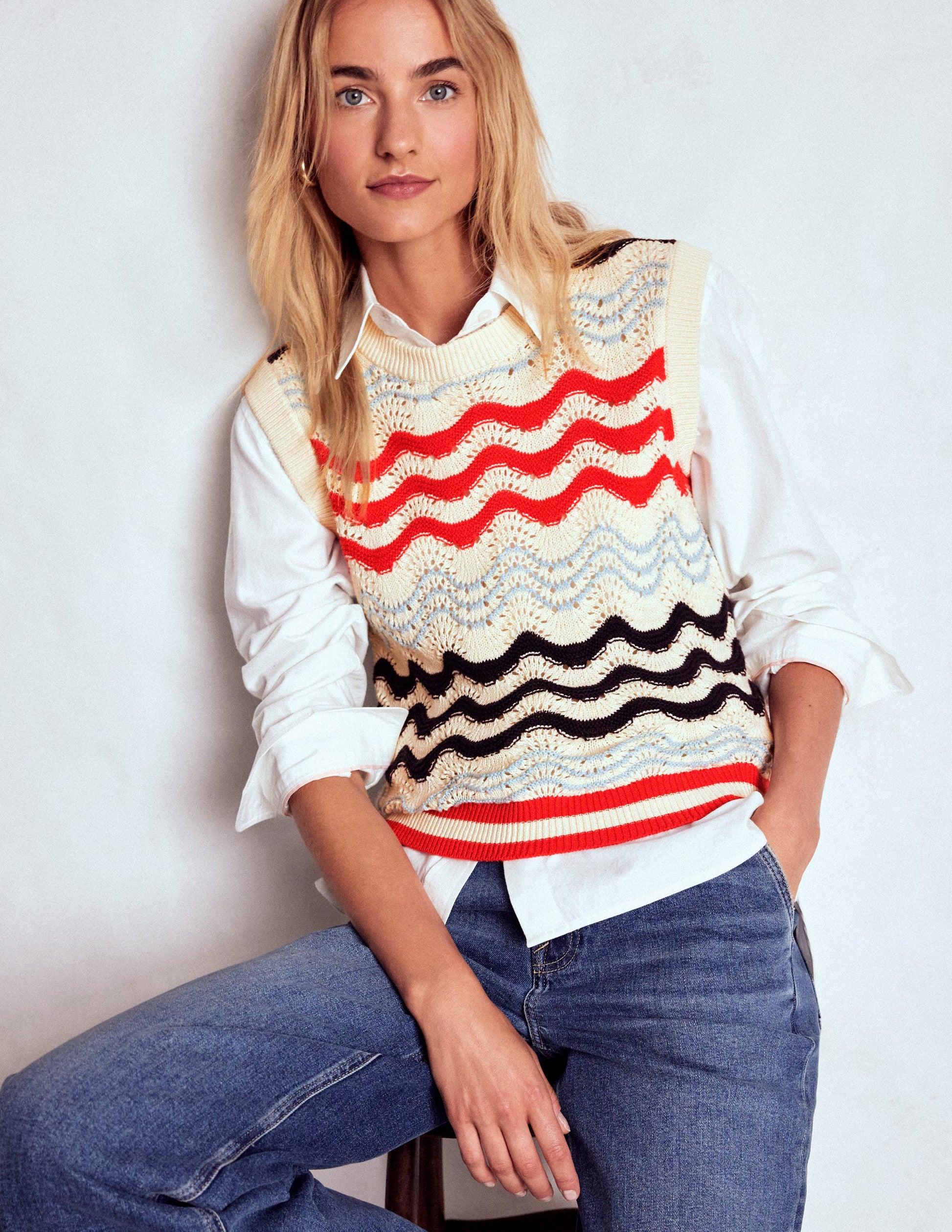 Baumwollpullunder mit Wellendesign-Marineblau/Rot Texturierte Welle-5