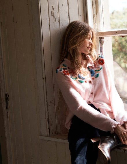 Bestickte Strickjacke mit Rüschen-Geblümt Rosa
