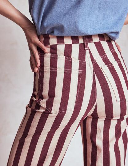 Jeans mit hohem Bund und geradem, weitem Bein-Kastanienbraun und Naturweiß Streifen-2