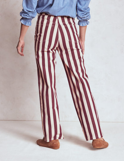 Jeans mit hohem Bund und geradem, weitem Bein-Kastanienbraun und Naturweiß Streifen-3