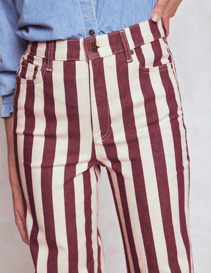Jeans mit hohem Bund und geradem, weitem Bein-Kastanienbraun und Naturweiß Streifen-5