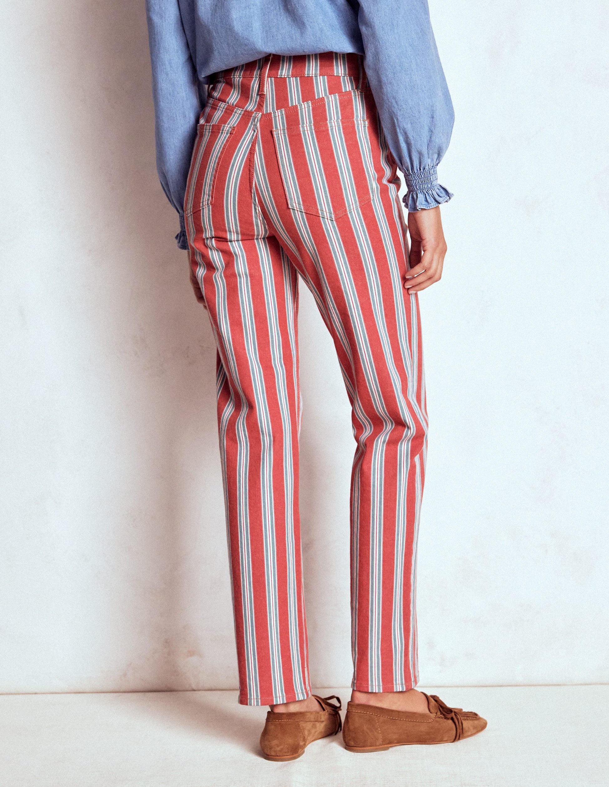Gestreifte Jeans mit hohem Bund-Rot, Blau und Rosa Streifen-4