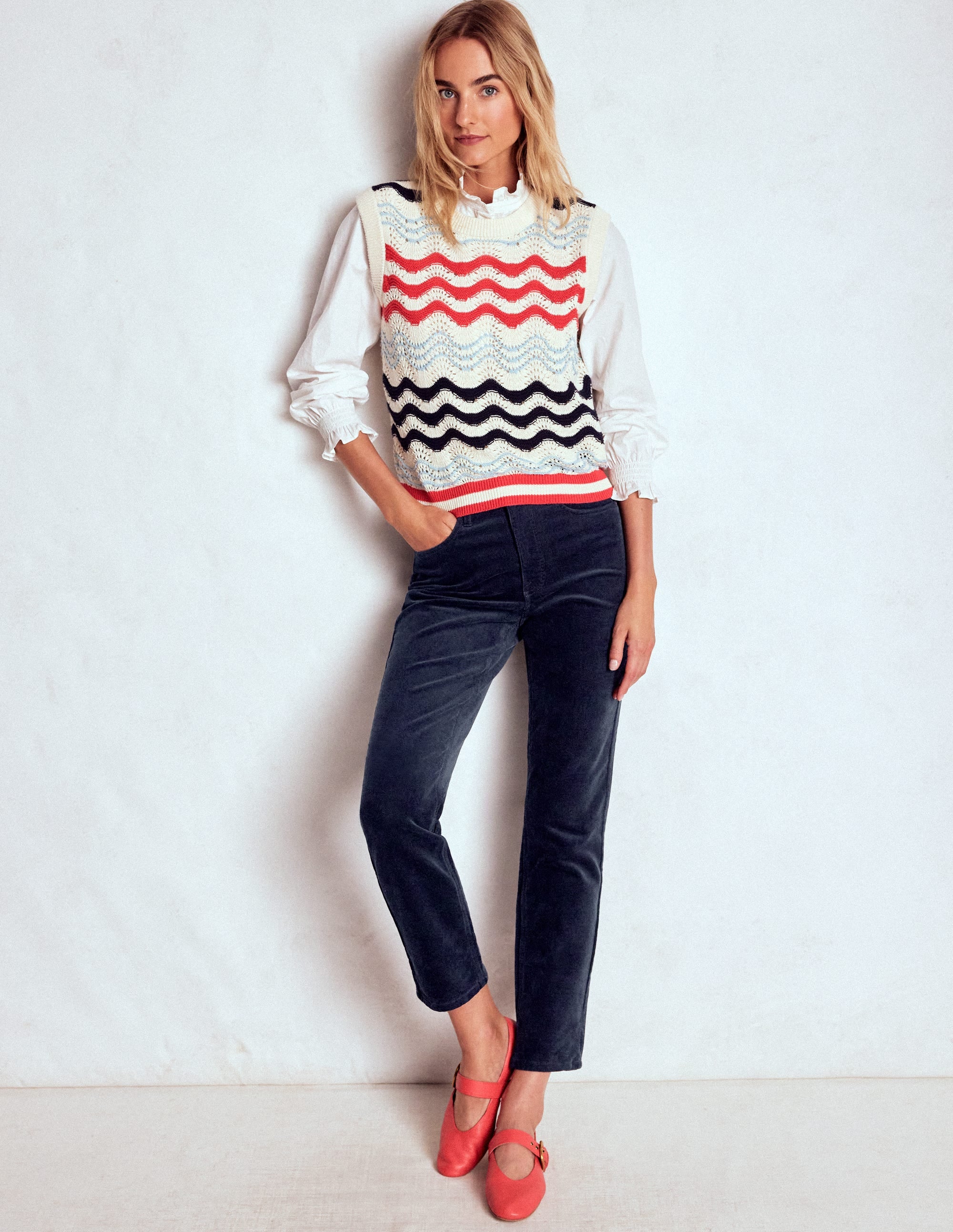 Schmal geschnittene Cord-Jeans mit hohem Bund-Marineblau - Image 1