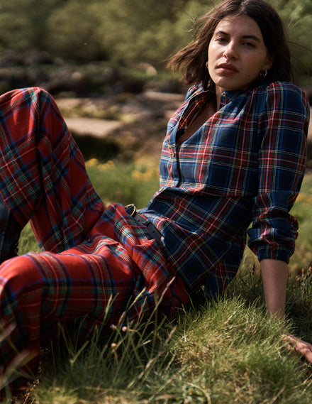Jupe-culotte plissée en laine-Carreaux rouges, bleus et verts