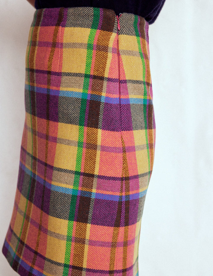 Wool A Line Skirt-Yellow, Pink and Green Check