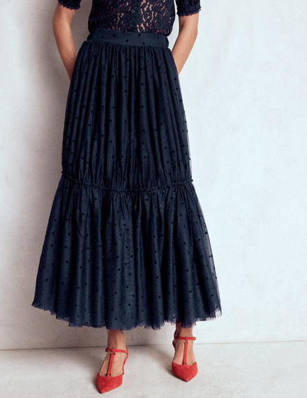 Jupe midi Anna en tulle-Pois floqués bleu marine