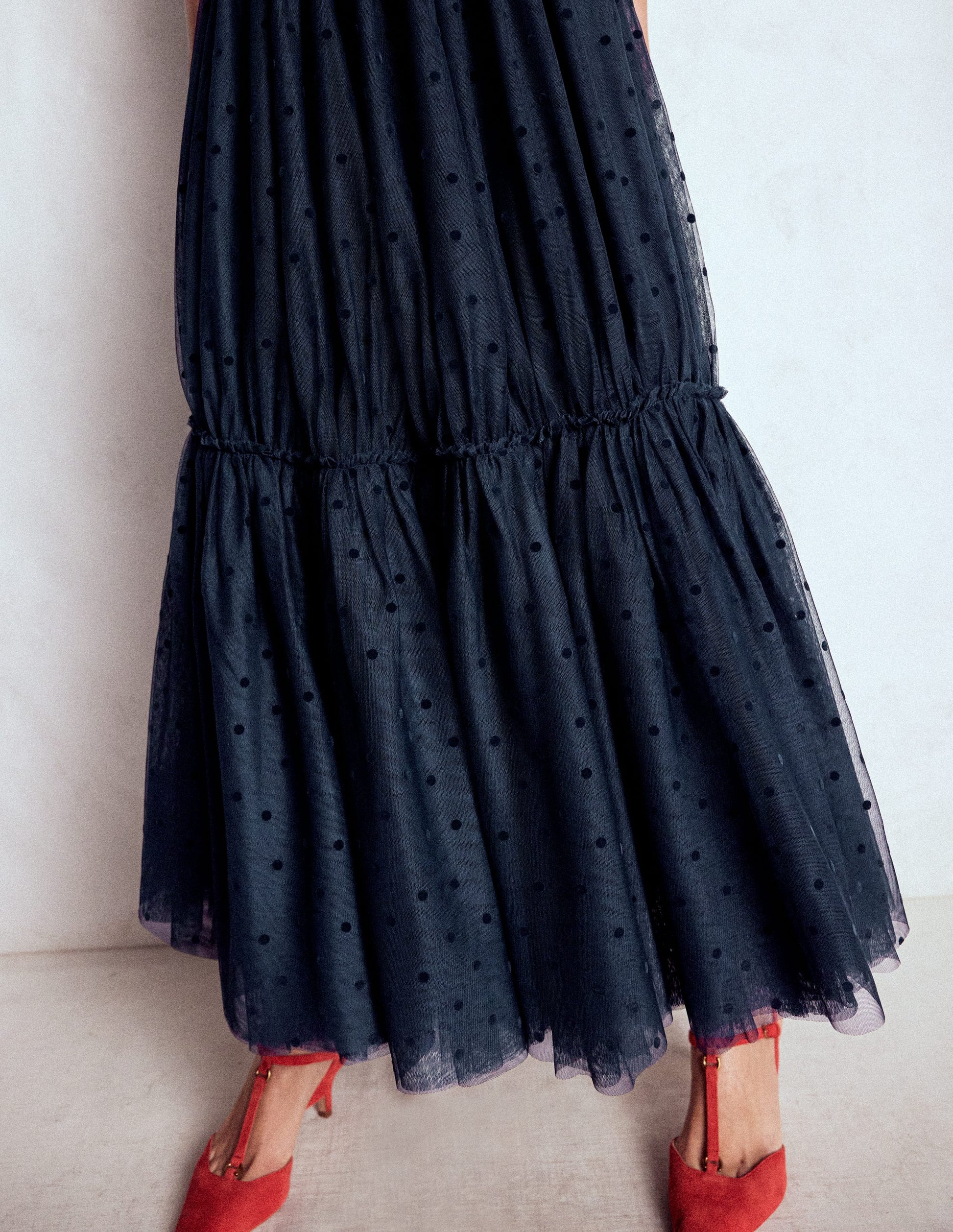 Jupe midi Anna en tulle-Pois floqués bleu marine-5