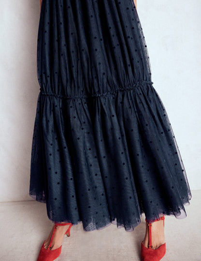 Jupe midi Anna en tulle-Pois floqués bleu marine-5