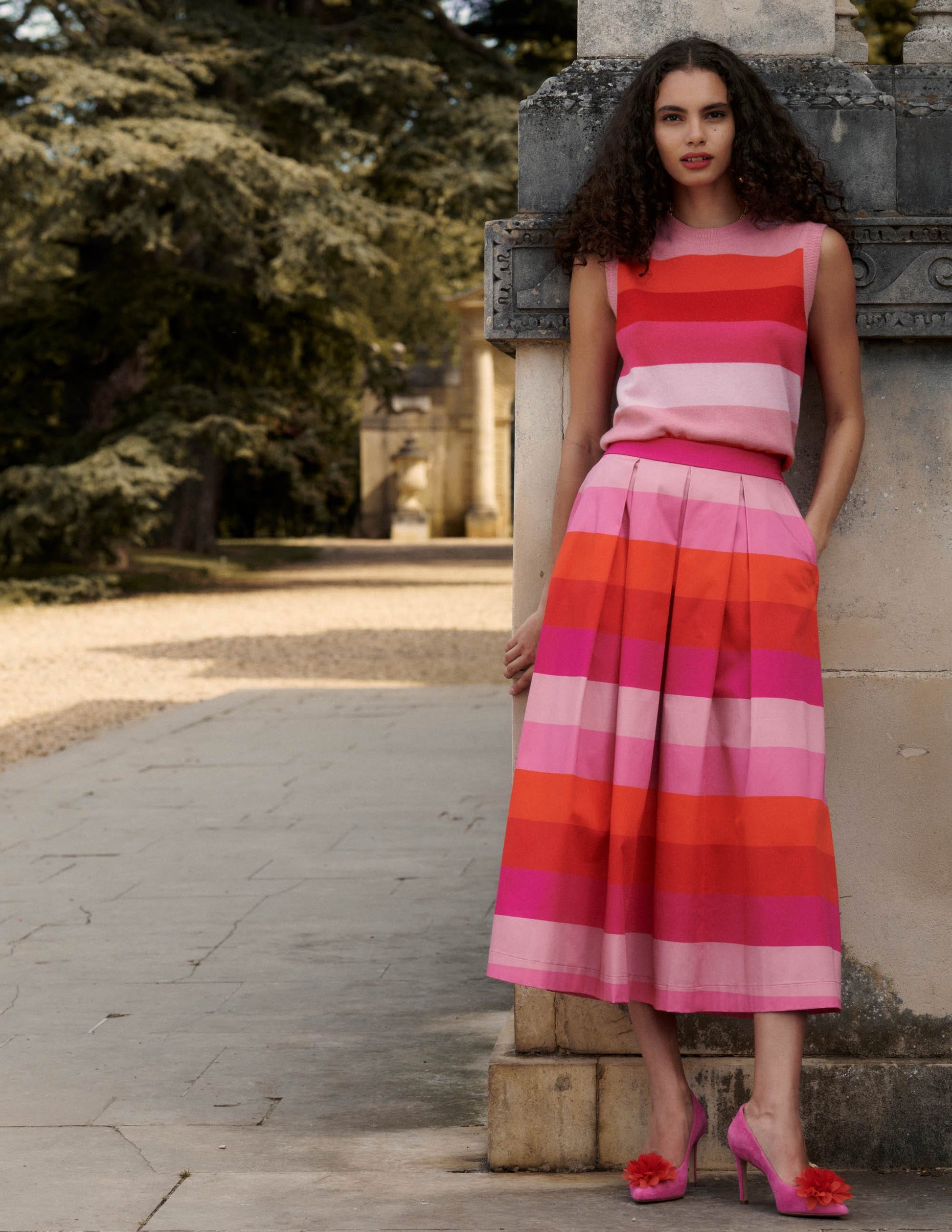 Verity Baumwoll-Midirock-Rosa Bunte Streifen-1