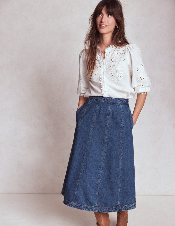 Joy Panelled Denim Skirt-Mid Wash