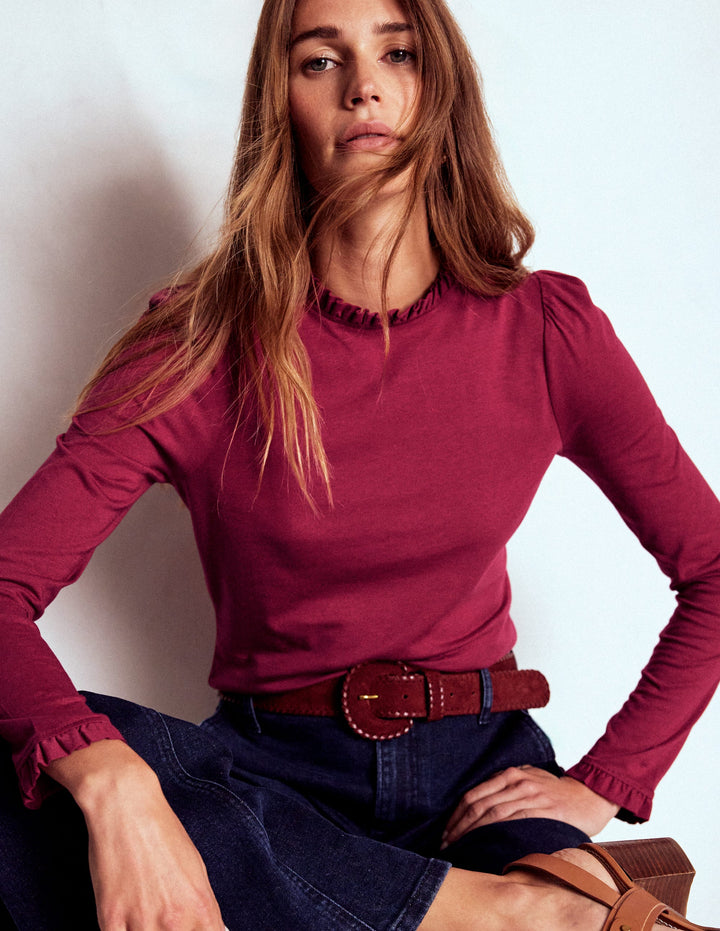 Superweiches Oberteil mit Rüschendetail-Burgunderrot