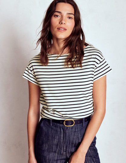Superweiches T-Shirt mit U-Boot-Ausschnitt-Naturweiß/Navy, Gestreift-4