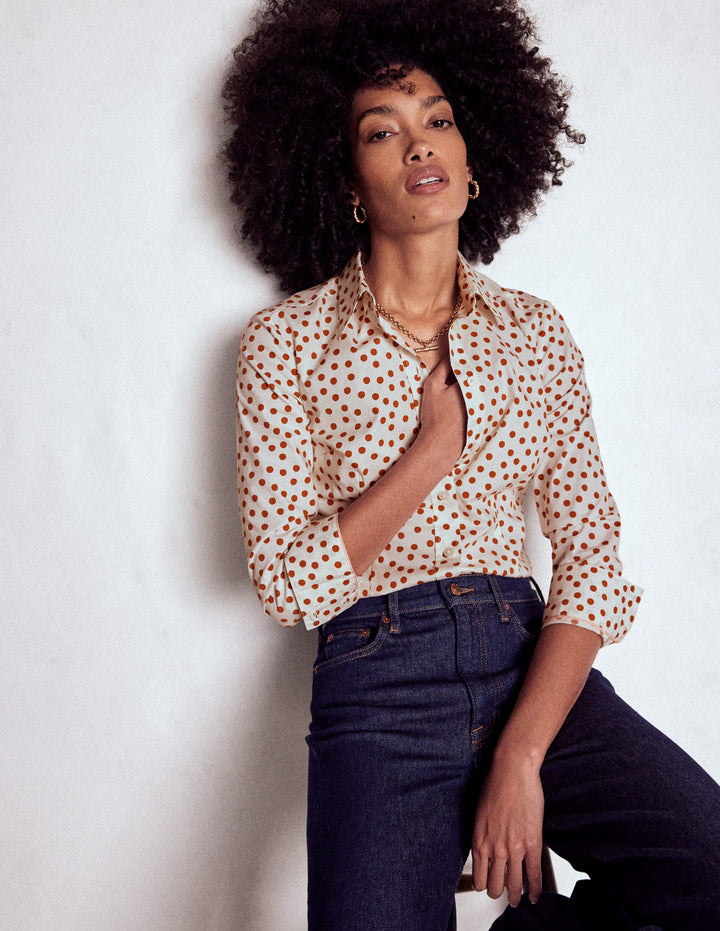 Saskia Stretch-Baumwollhemd-Cognac, Gemalte Tupfen