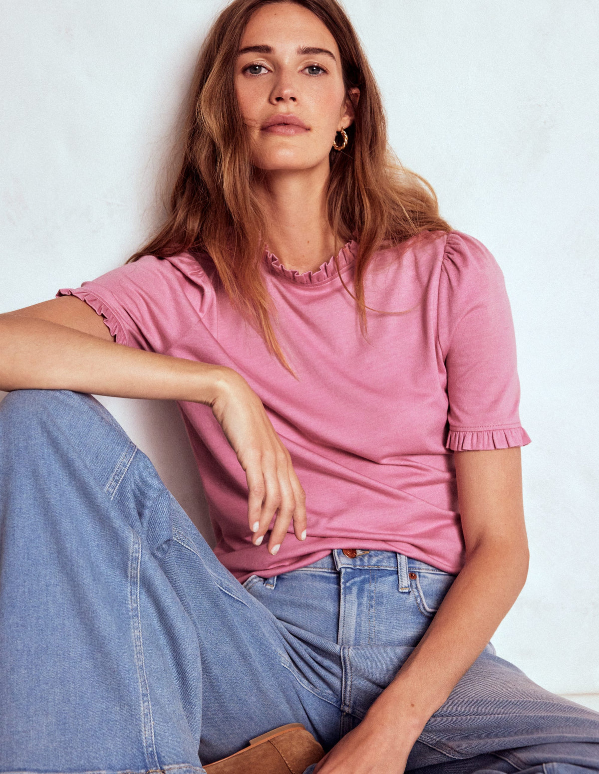 Superweiches T-Shirt mit Rüschendetail-Kirschblütenrosa - Image 1