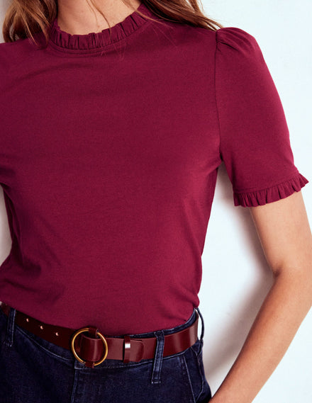 Superweiches T-Shirt mit Rüschendetail-Burgunderrot