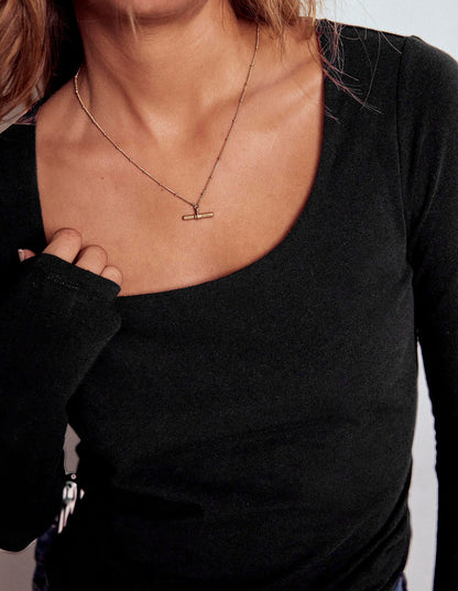 Doppellagiges Oberteil mit tiefem Rundhalsausschnitt-Schwarz-2