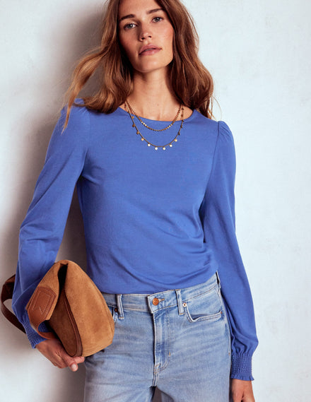 Superweiches Oberteil mit gesmokten Ärmelbündchen-Denim-Blau