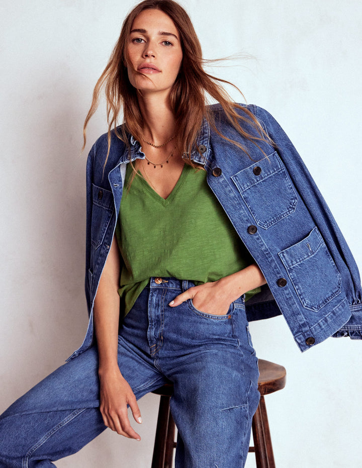 T-Shirt mit V-Ausschnitt und Engelsärmeln-Dunkles Teichgrün