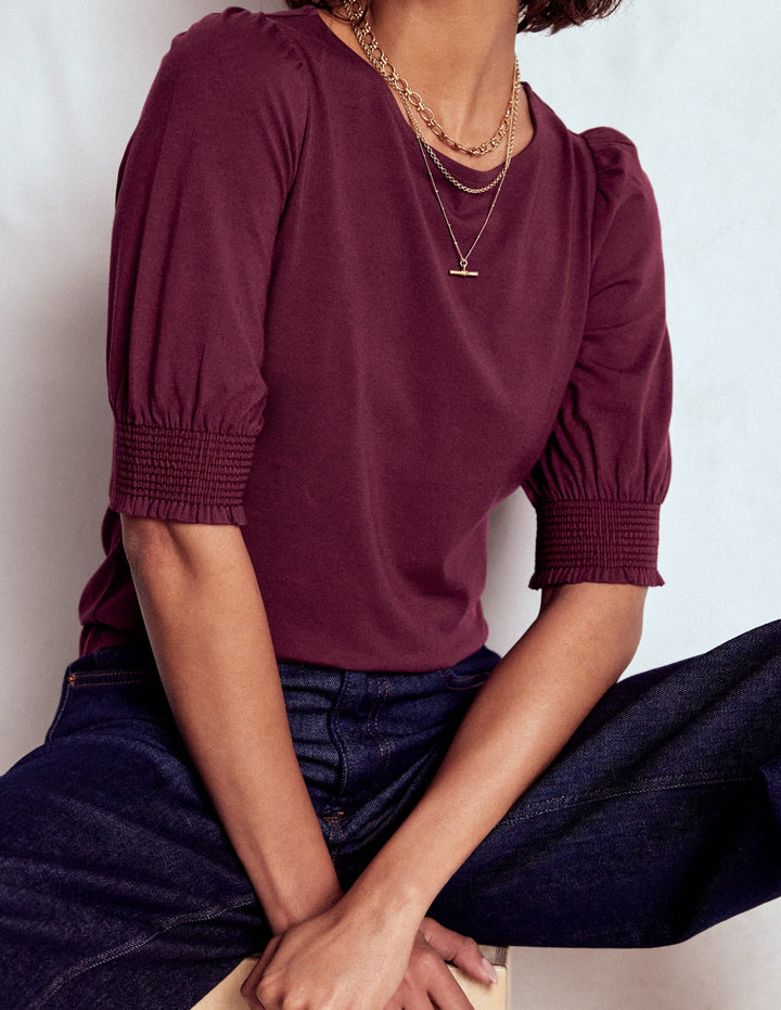 Kurzärmeliges Oberteil mit gesmokten Bündchen-Dunkelviolett